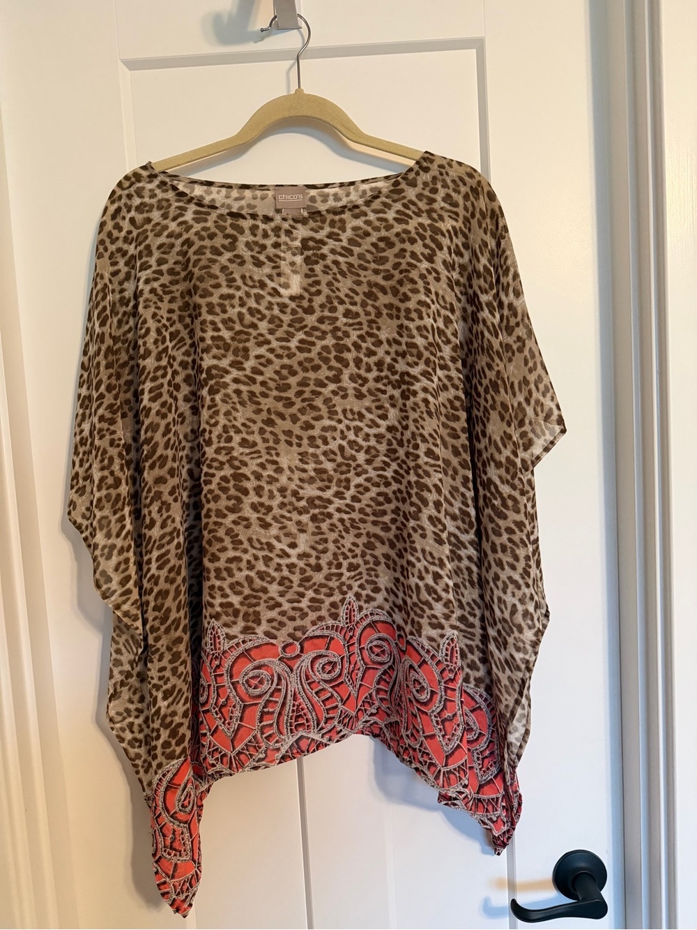 Chico's L/XL Leopard Print Tunic with Coral Trim